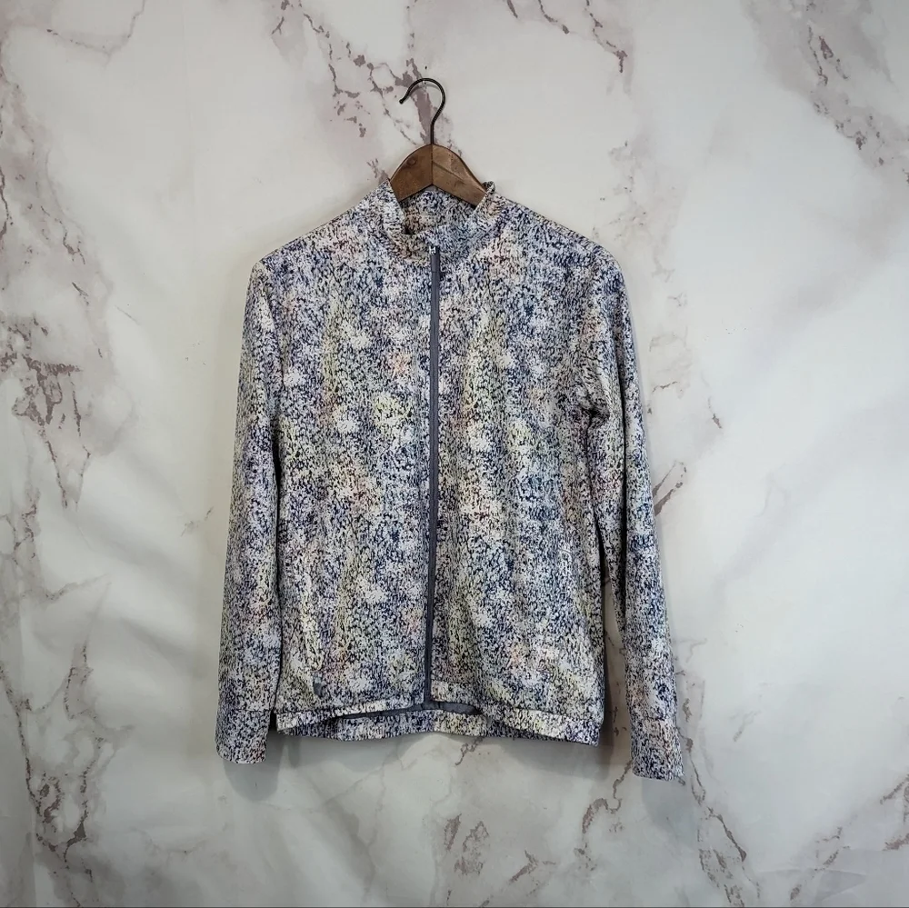 Athleta Girl Jacket XL 14 Full Zip Ice Storm Pattern Abstract Blue Jersey 1183
